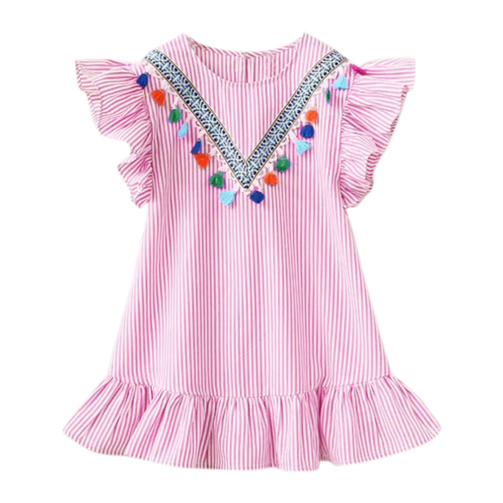 Fringed vertical stripe ruffle dress