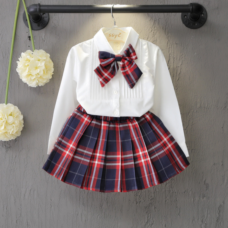Solid Color Shirt Plus Plaid Skirt