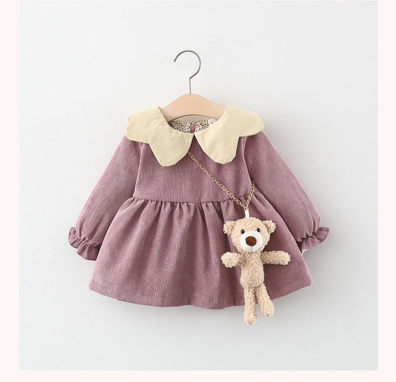 Pure Color Cartoon Bear Bag Corduroy Baby Dress