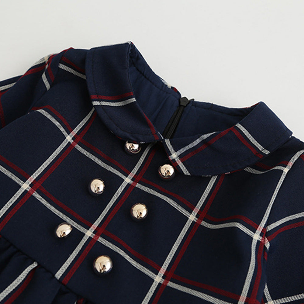 Girl long sleeve lapel plaid dress