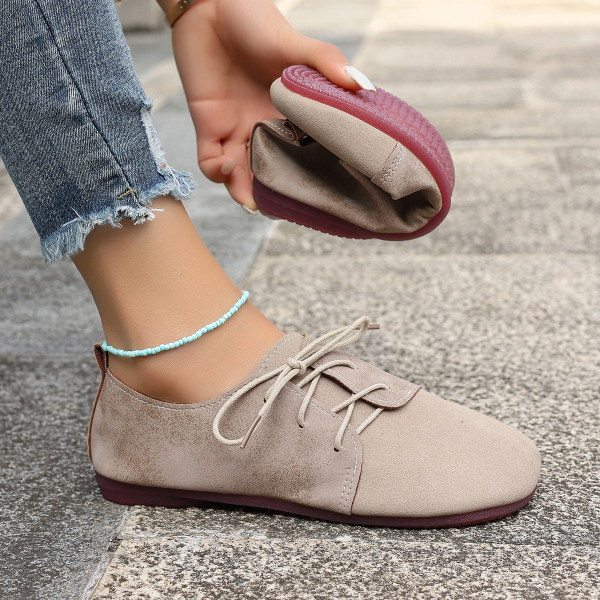 Plus Size Women's Shoes Retro Flat Bottom Casual Low-top Lace-up Gommino