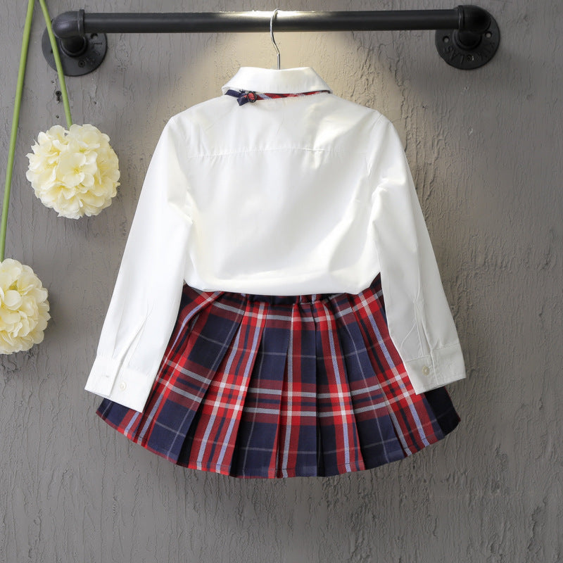Solid Color Shirt Plus Plaid Skirt