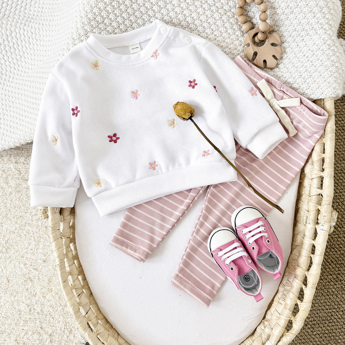 Baby Girl Floral Embroidered Pullover Sweatshirt Suit