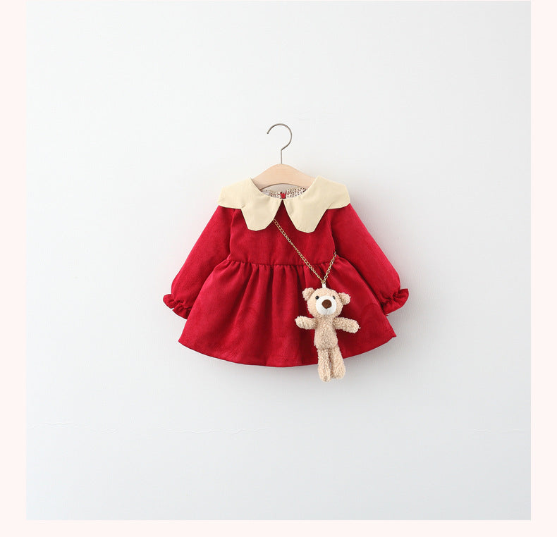Pure Color Cartoon Bear Bag Corduroy Baby Dress