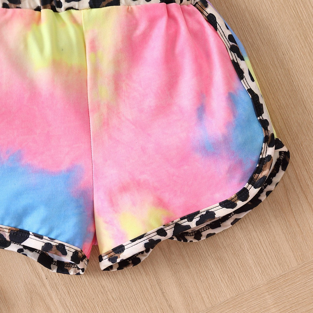 Letter Tie-dye Short Sleeve Stitching Leopard Print Shorts Suit