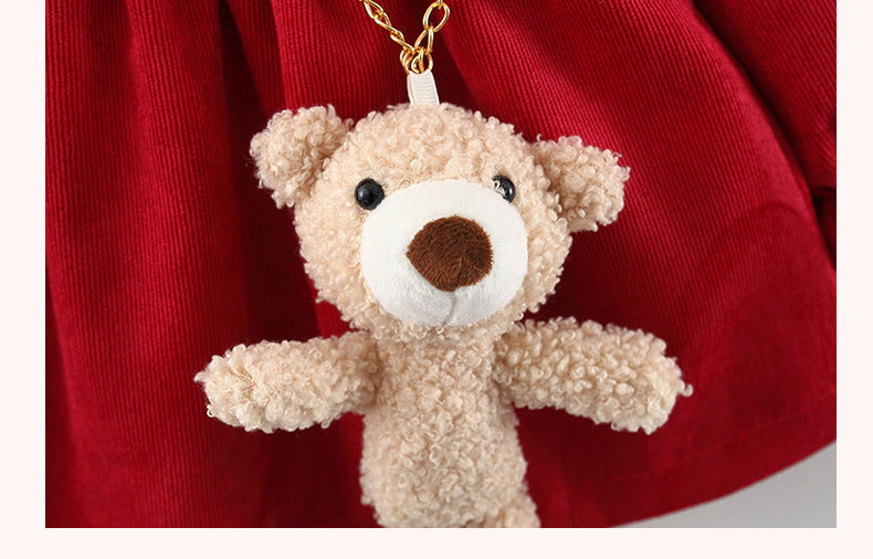 Pure Color Cartoon Bear Bag Corduroy Baby Dress