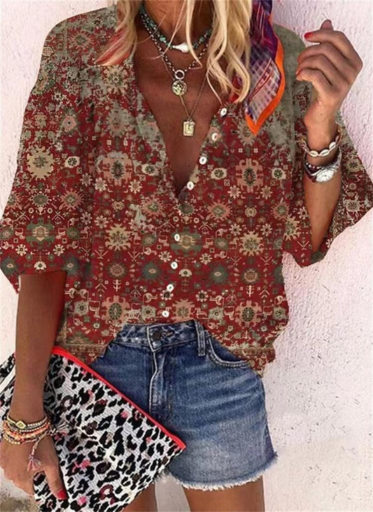 3D Floral Print Loose Three-quarters Sleeve Top For Spring V-neck Casual Shirt For Women