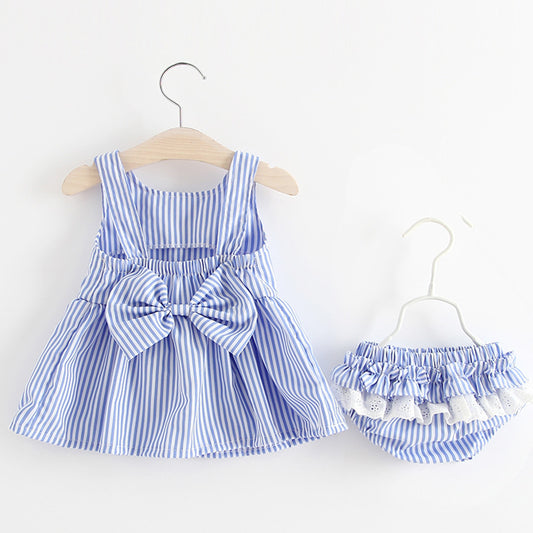 Striped suspender skirt + shorts 2 piece set