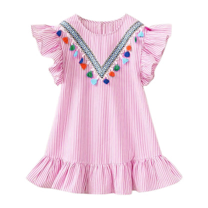 Fringed vertical stripe ruffle dress
