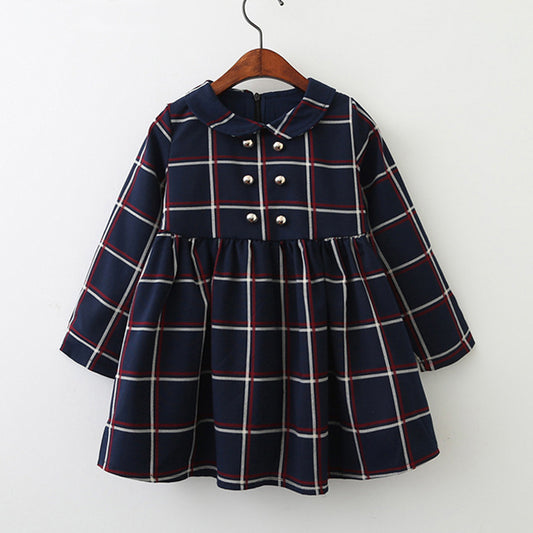 Girl long sleeve lapel plaid dress