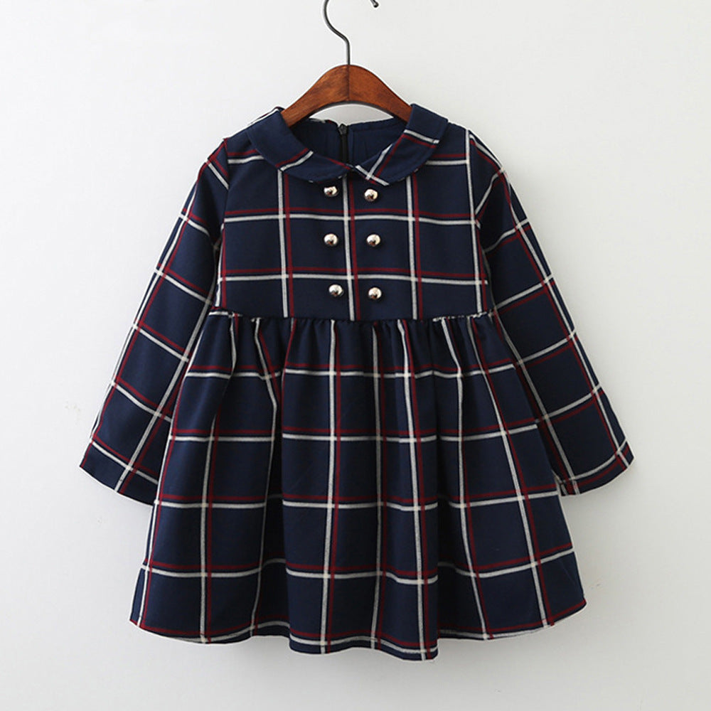 Girl long sleeve lapel plaid dress