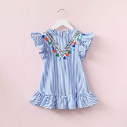 Fringed vertical stripe ruffle dress