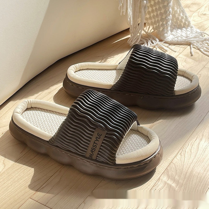 Four Seasons Linen Slippers Women's Thick Bottom Wave Pattern Home Non-slip Breathable Sweat Absorbing