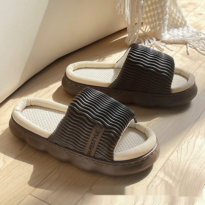 Four Seasons Linen Slippers Women's Thick Bottom Wave Pattern Home Non-slip Breathable Sweat Absorbing