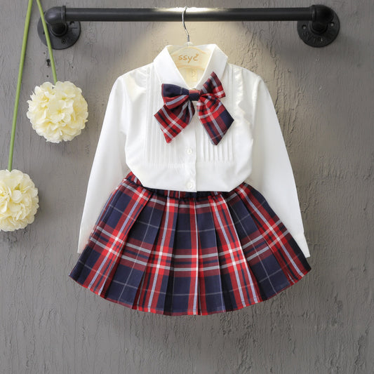 Solid Color Shirt Plus Plaid Skirt