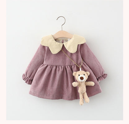 Pure Color Cartoon Bear Bag Corduroy Baby Dress