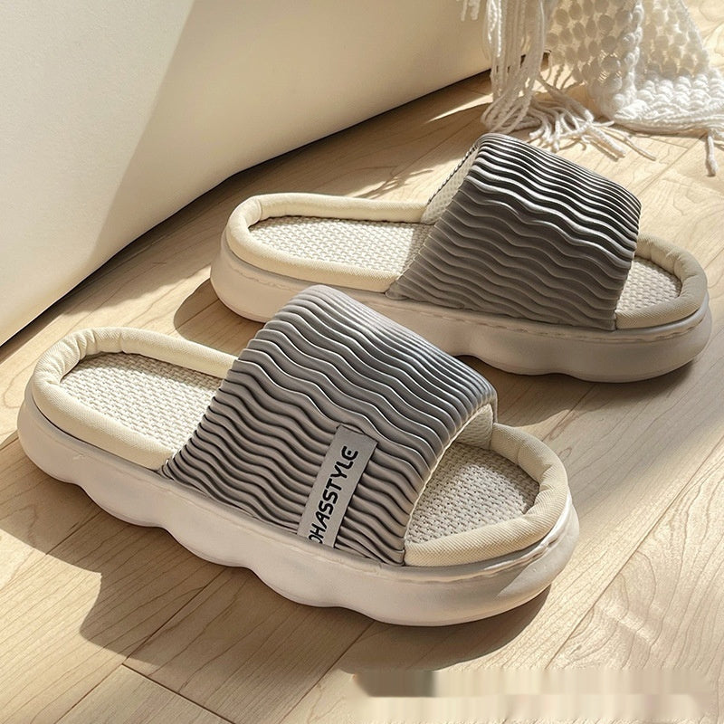 Four Seasons Linen Slippers Women's Thick Bottom Wave Pattern Home Non-slip Breathable Sweat Absorbing