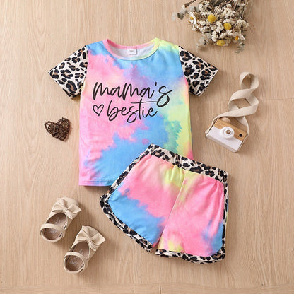 Letter Tie-dye Short Sleeve Stitching Leopard Print Shorts Suit