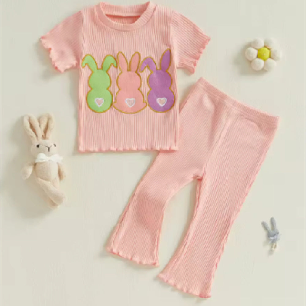 Baby Girl Cotton Short Sleeve Bell-bottom Pants Rabbit Embroidery Set