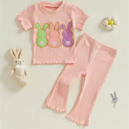 Baby Girl Cotton Short Sleeve Bell-bottom Pants Rabbit Embroidery Set