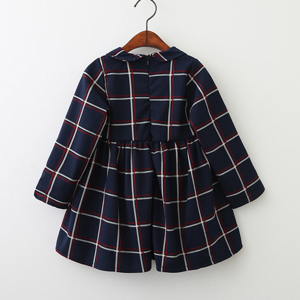 Girl long sleeve lapel plaid dress