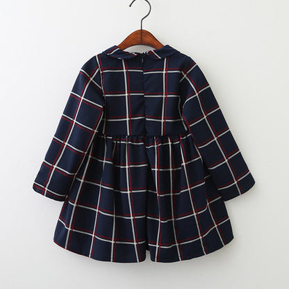 Girl long sleeve lapel plaid dress