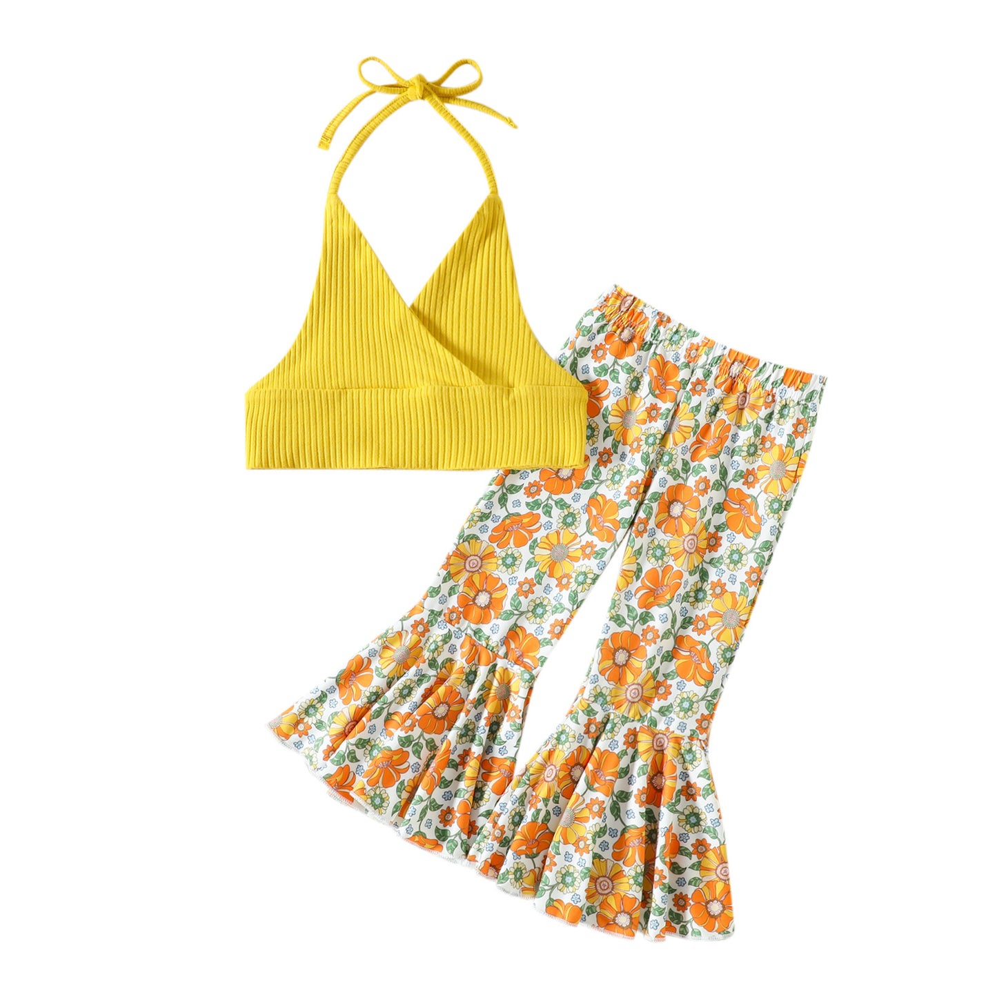 Girls' Neck Hanging Small Suspender Flare Pants Set