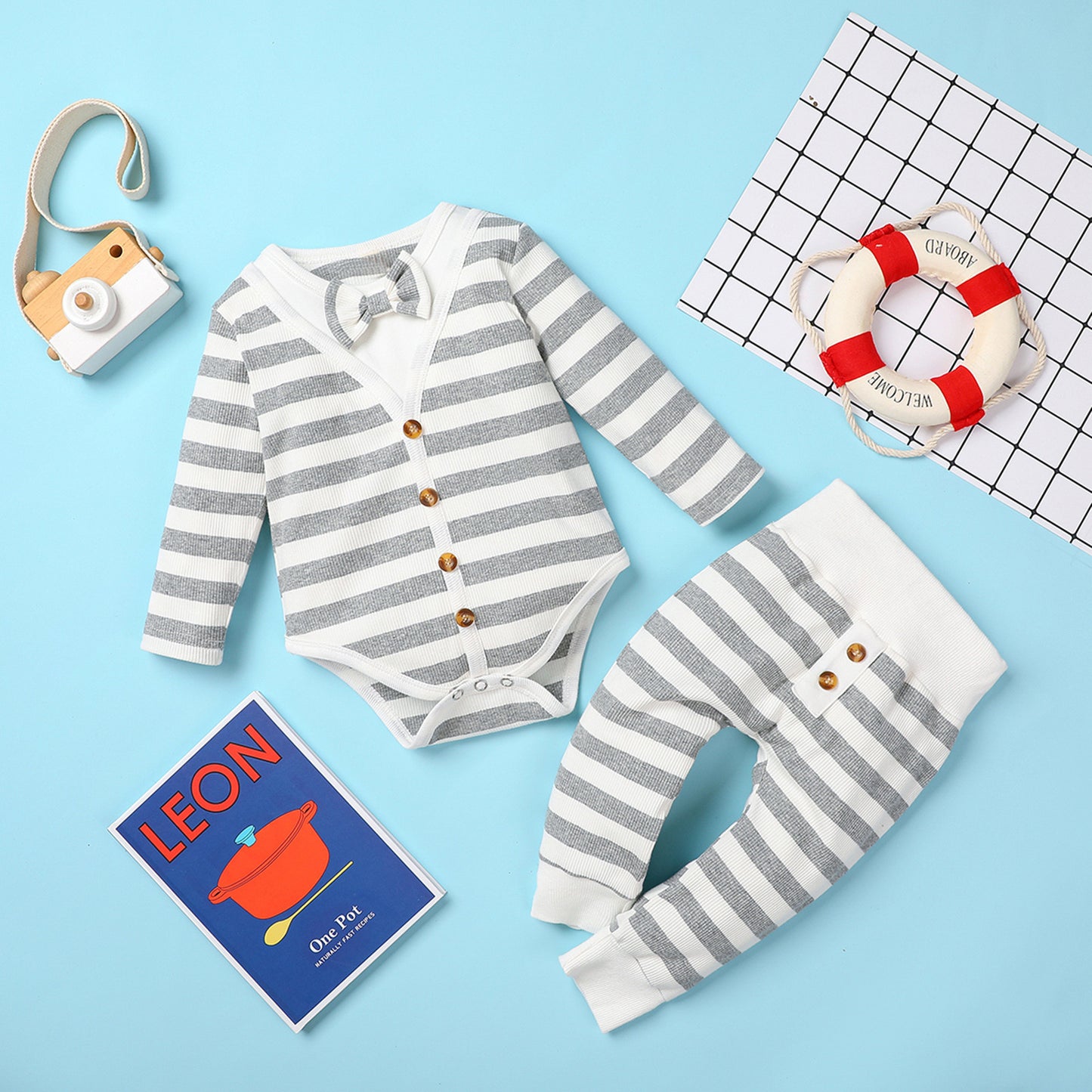 Boys And Girls Striped Romper Two-piece Suit