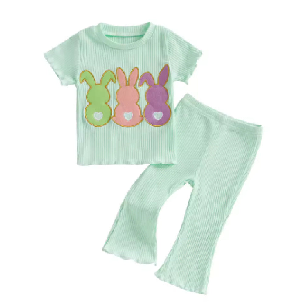 Baby Girl Cotton Short Sleeve Bell-bottom Pants Rabbit Embroidery Set
