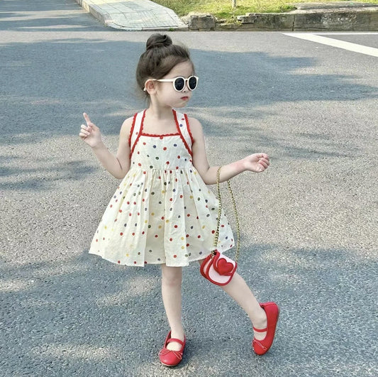 Summer New Girls' Color Polka Dot Brace Dress