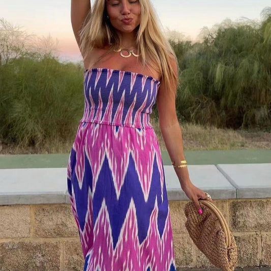 European And American Fashion Women's Wear Positioning Printing Tube Top Mid-length Dress