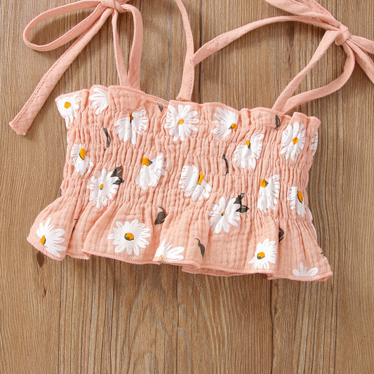 Girls Suit New Sweet Floral Suspender Pants Two-piece Set