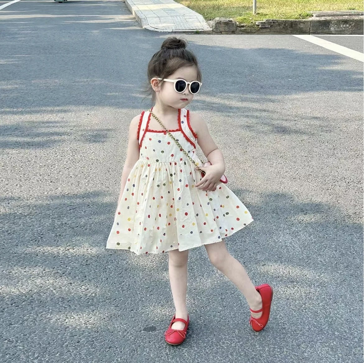 Summer New Girls' Color Polka Dot Brace Dress