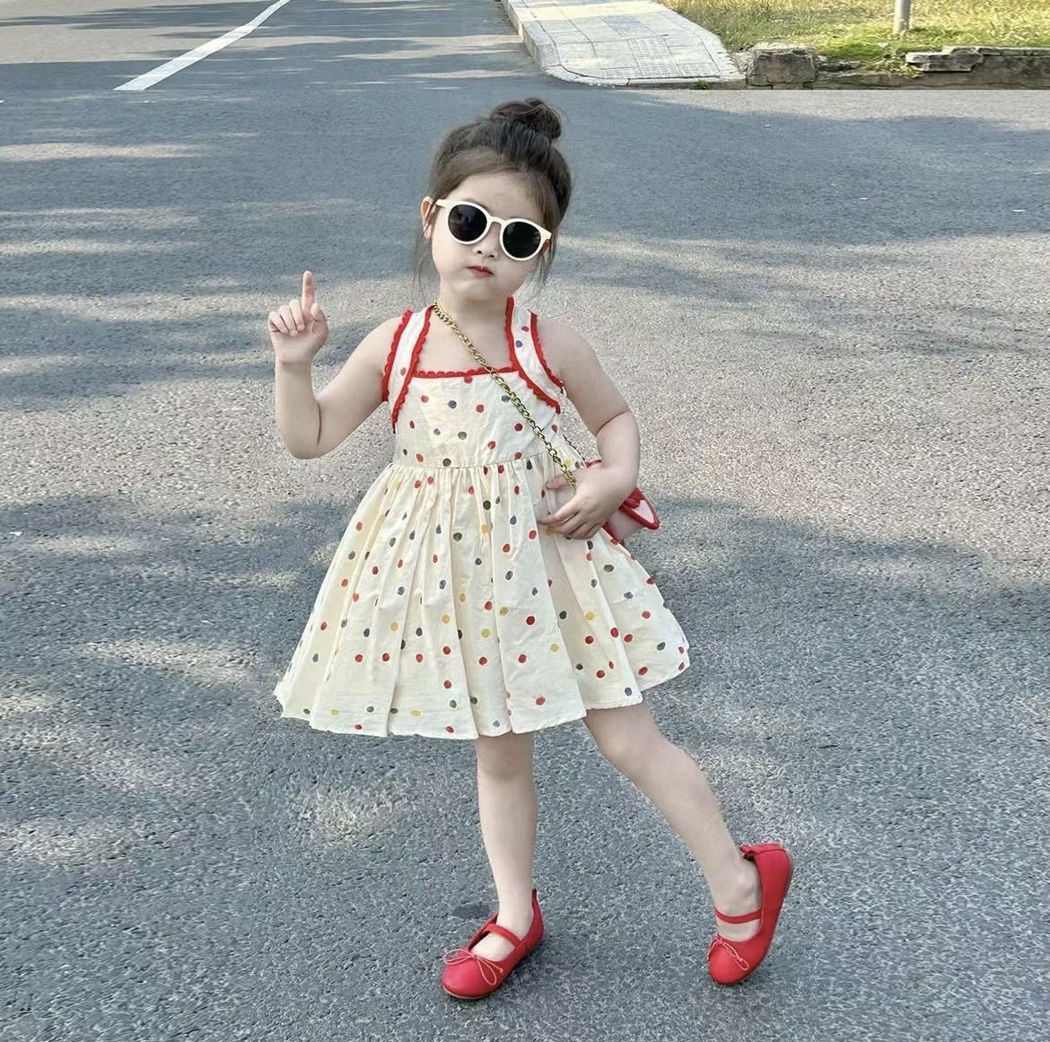 Summer New Girls' Color Polka Dot Brace Dress