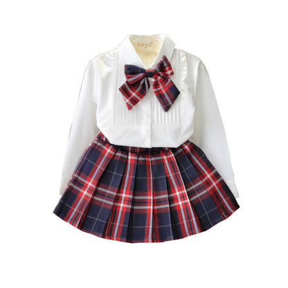 Solid Color Shirt Plus Plaid Skirt