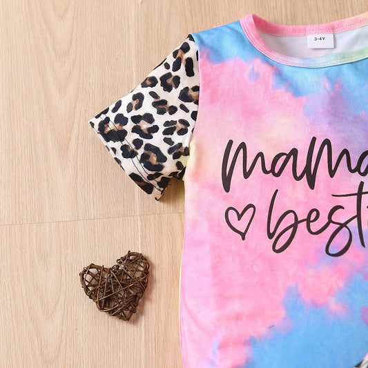 Letter Tie-dye Short Sleeve Stitching Leopard Print Shorts Suit