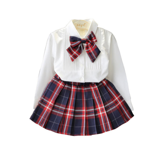 Solid Color Shirt Plus Plaid Skirt