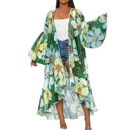 Casual Spring And Autumn Women's Clothing Irregular Long Printed Shawl Cardigan