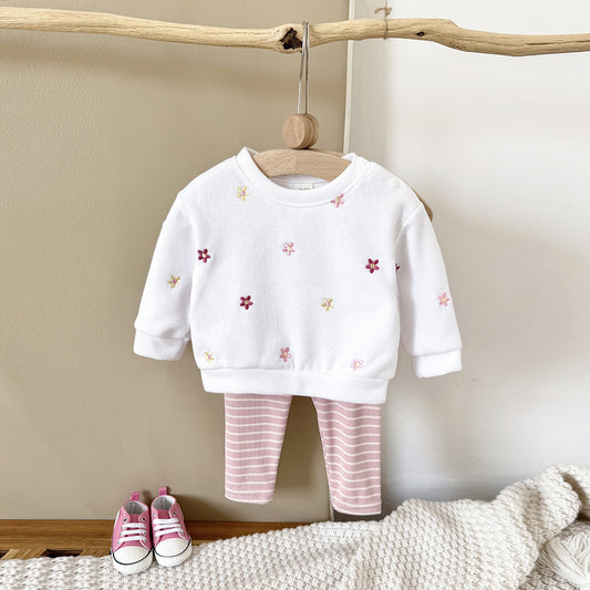 Baby Girl Floral Embroidered Pullover Sweatshirt Suit