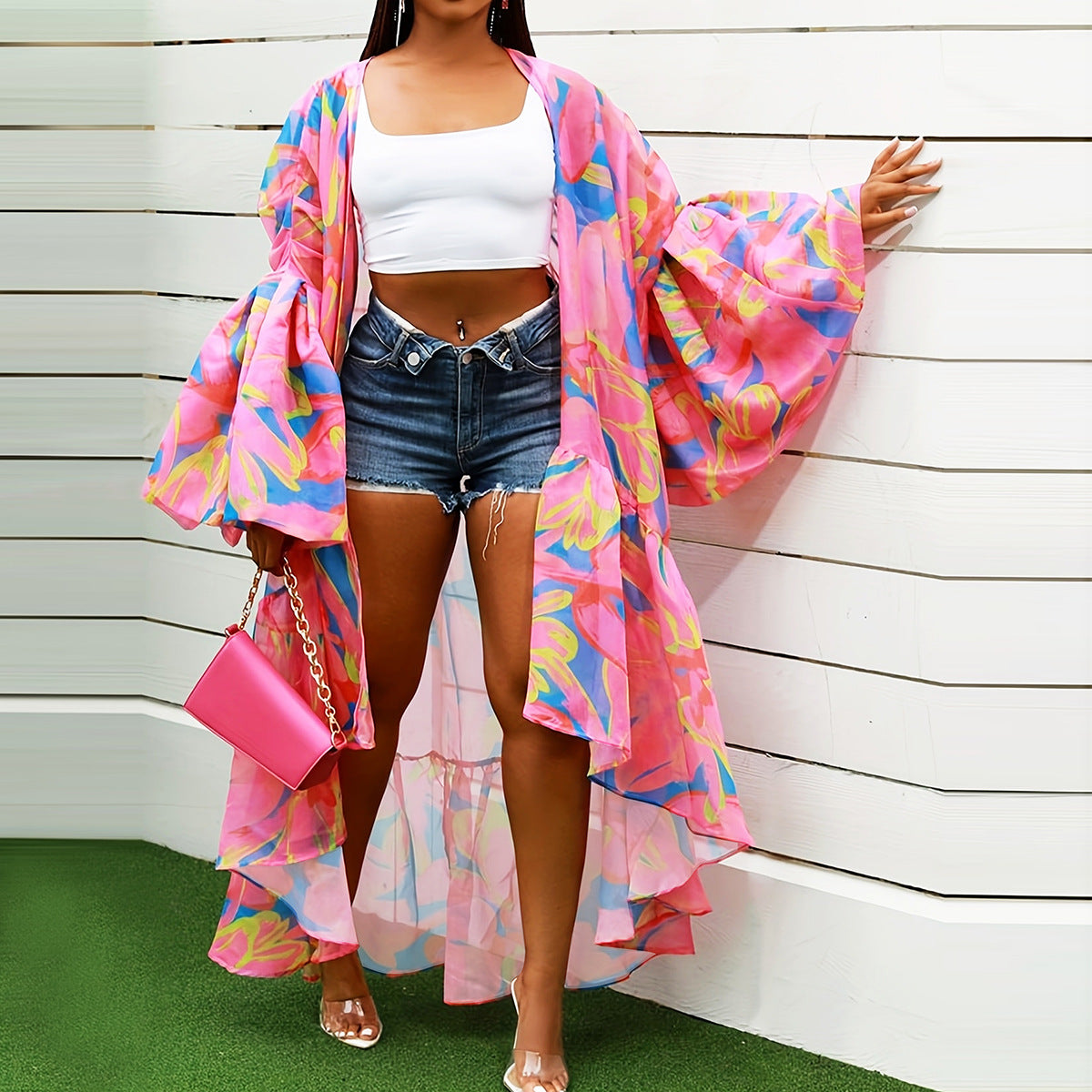 Casual Spring And Autumn Women's Clothing Irregular Long Printed Shawl Cardigan