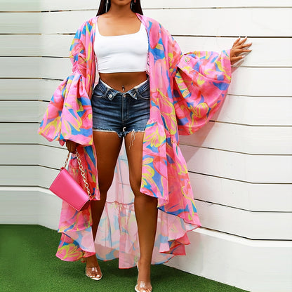 Casual Spring And Autumn Women's Clothing Irregular Long Printed Shawl Cardigan