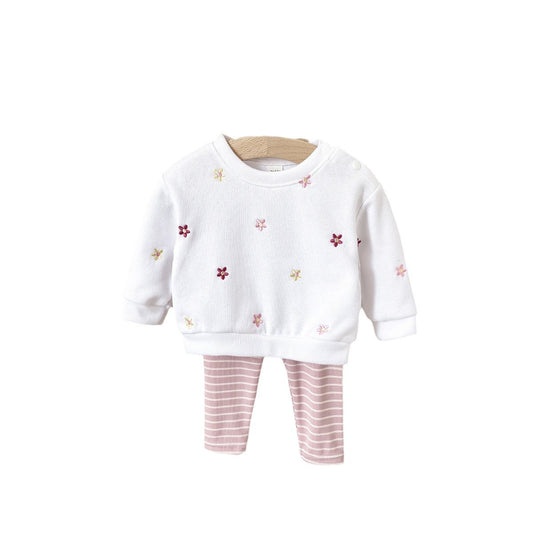 Baby Girl Floral Embroidered Pullover Sweatshirt Suit