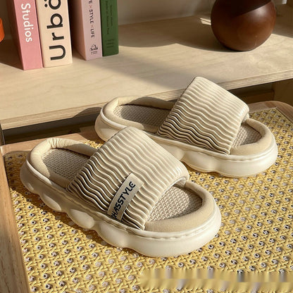 Four Seasons Linen Slippers Women's Thick Bottom Wave Pattern Home Non-slip Breathable Sweat Absorbing