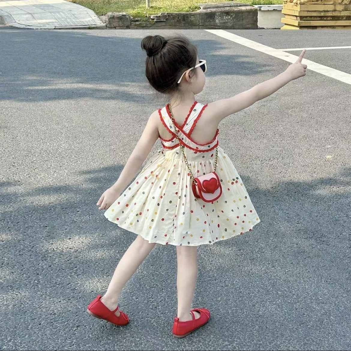 Summer New Girls' Color Polka Dot Brace Dress