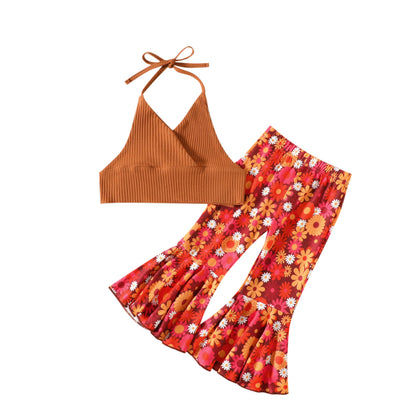Girls' Neck Hanging Small Suspender Flare Pants Set