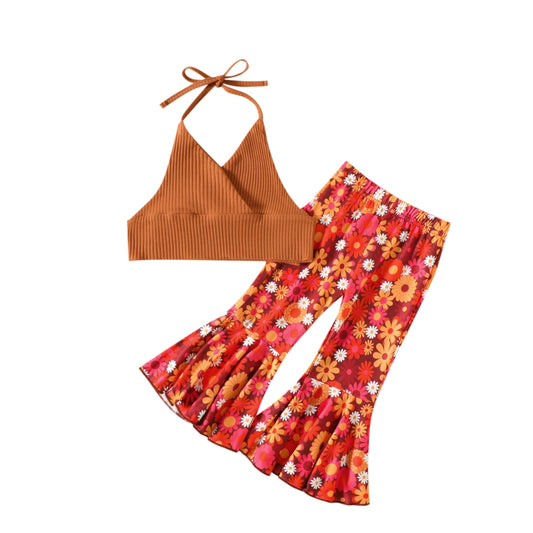 Girls' Neck Hanging Small Suspender Flare Pants Set