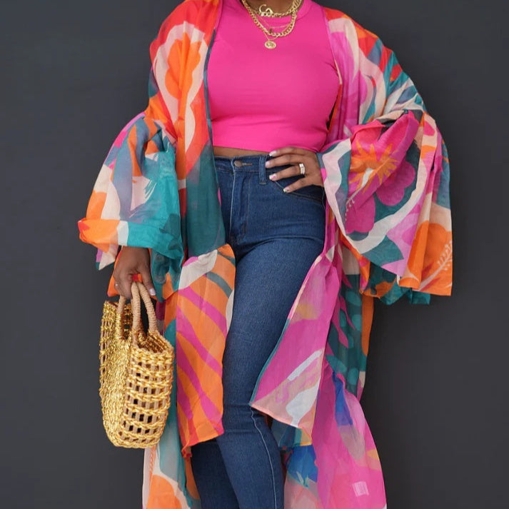 Casual Spring And Autumn Women's Clothing Irregular Long Printed Shawl Cardigan