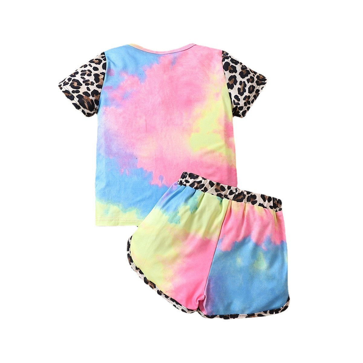 Letter Tie-dye Short Sleeve Stitching Leopard Print Shorts Suit