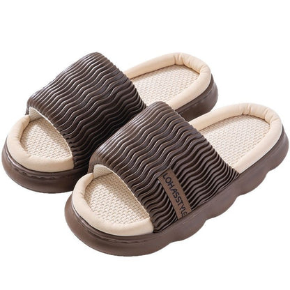 Four Seasons Linen Slippers Women's Thick Bottom Wave Pattern Home Non-slip Breathable Sweat Absorbing