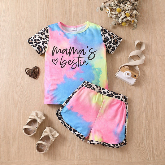 Letter Tie-dye Short Sleeve Stitching Leopard Print Shorts Suit